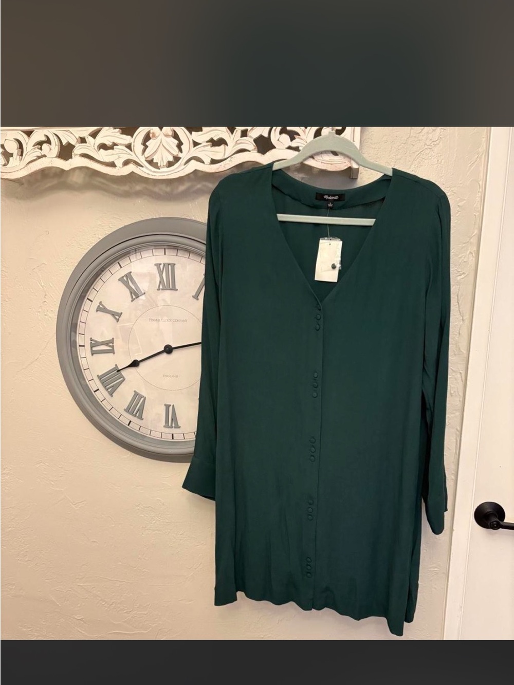 Madewell Long Sleeve V-Neck Button Front Dress - Deep Green